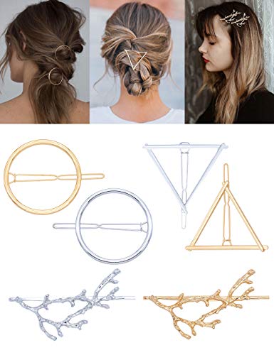 6 piezas Pinzas para el cabello Broches minimalistas y delicados para mujeres Abalorios geométricos de metal para niñas Abrazaderas Ramas de árboles, Círculo, Diseño de triángulo