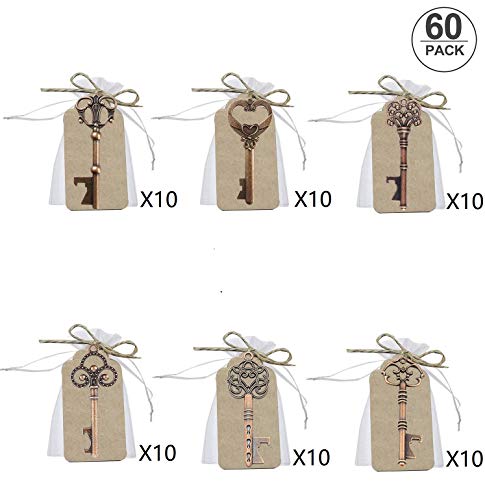 60 pcs Llave Abrebotellas de Boda, Llaves de Esqueleto Favores de Abrebotellas con Bolsas de Organza Blancas y Tarjeta de Etiqueta, Estilo Vintage, 6 Estilos