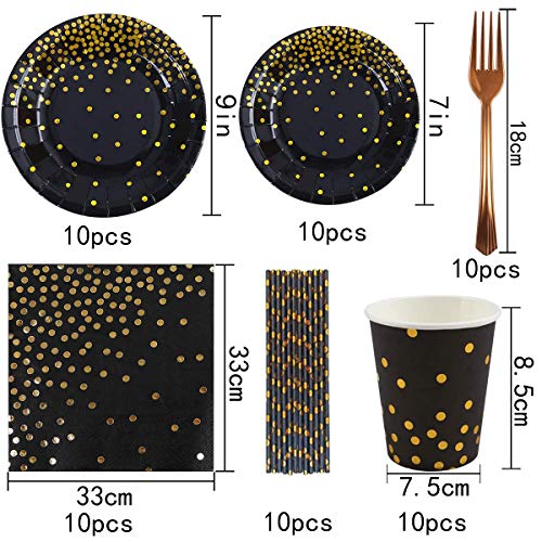 60 Piezas Vajilla Fiesta Oro Negro, Vajilla Desechable Oro Negro, Vajilla Desechable Lunares Dorados para Fiestas, Bodas, Aniversarios, Cumpleaños (10 Invitados)