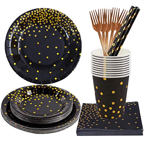 60 Piezas Vajilla Fiesta Oro Negro, Vajilla Desechable Oro Negro, Vajilla Desechable Lunares Dorados para Fiestas, Bodas, Aniversarios, Cumpleaños (10 Invitados)