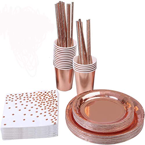 73 Pieces Vajilla Desechable Oro Rosa, Suministros Fiestas con Platos, Tazas, Pajitas, Servilletas Desechables Papel Aluminio Decoraciones, Cumpleaños, Bodas Y Aniversarios (16 Invitados)