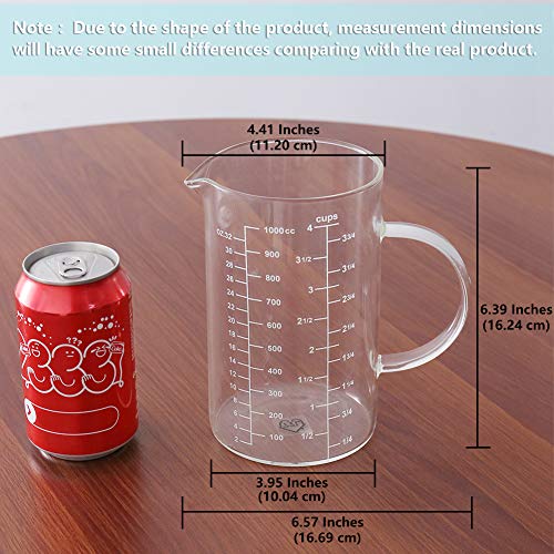 77L Vaso medidor, Taza de medición de cristal [manija aislada, canalón en forma de V], taza de medición del alto vidrio de borosilicate de para la cocina o el restaurante, 1000 ml (1,0 L, 4 Cup)