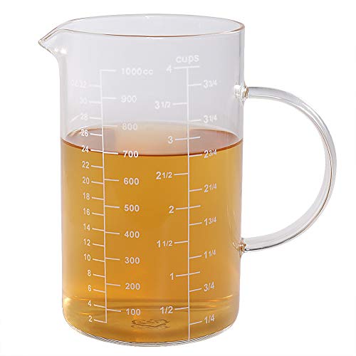 77L Vaso medidor, Taza de medición de cristal [manija aislada, canalón en forma de V], taza de medición del alto vidrio de borosilicate de para la cocina o el restaurante, 1000 ml (1,0 L, 4 Cup)