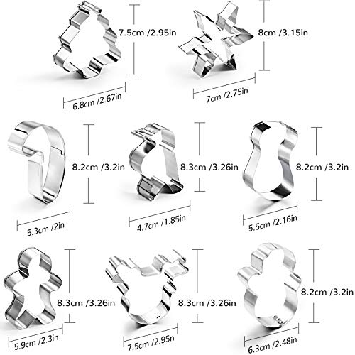 8 Cortadores de Galleta Navideños de Acero Inoxidable Molde de Galleta de Navidad con Hombre de Jengibre, Copo de Nieve, Cabeza de Reno, Árbol, Muñeco de Nieve, Papá Noel, Bastón de Caramelo, Calcetín
