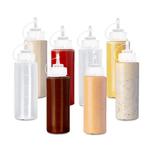 8 (Grande 500ml) Biberon Salsas con Tapas de Rosca| Dispensador de Botellas de Plástico para Condimentos Ketchup Mostaza Vinagre Salsa Aceite| a Prueba de Fugas, Resistente y Sin BPA.