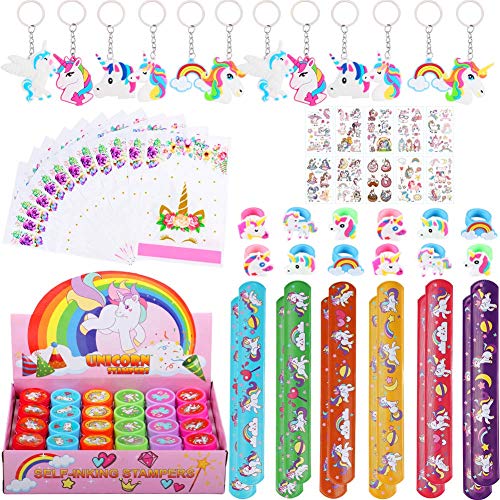 82 Piezas Artículos de Fiesta Unicornio Cumpleaños Niños, Llavero Unicornio Bolsa de Fiesta Pulseras Bofetada Tatuajes Temporales Sellos Unicornio Anillo Unicornio, Piñata Unicornio Regalo Niña