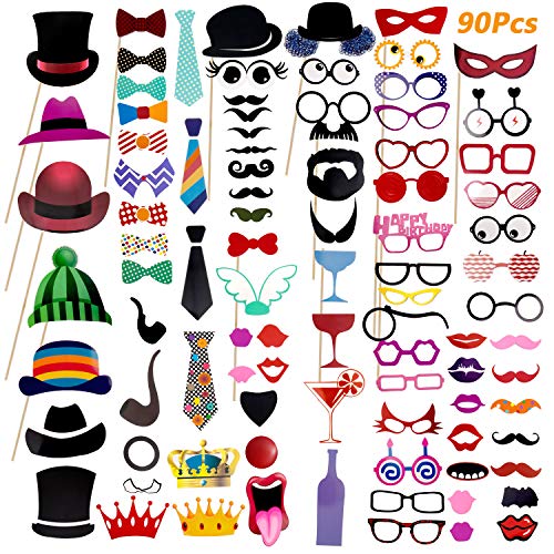 90 Pcs DIY Photo Booth, Comius Nuevo Estilo Photocall Atrezzo Favorecer Incluyendo cómica divertida creativa Bigotes Gafas Pelo Arcos Sombreros labios