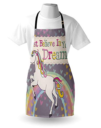 ABAKUHAUS Jovencitas Delantal de Cocina, Figura de Unicornio con Frase Inspiracional Cree en Tus Sueños Ilustración, Lavable Largo Ajustable Colores Nítidos Durables, Beige
