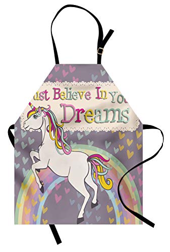 ABAKUHAUS Jovencitas Delantal de Cocina, Figura de Unicornio con Frase Inspiracional Cree en Tus Sueños Ilustración, Lavable Largo Ajustable Colores Nítidos Durables, Beige