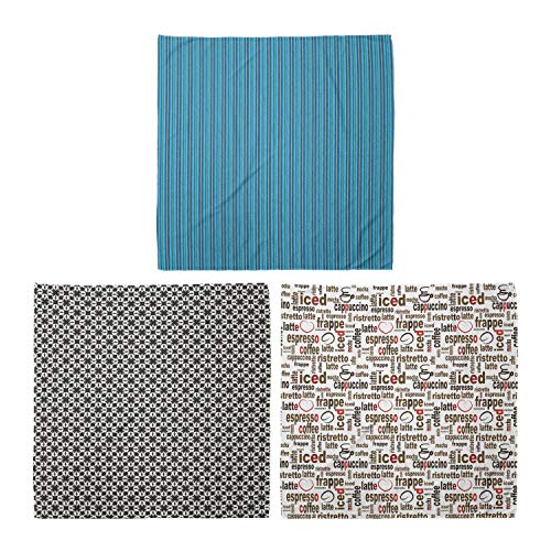 ABAKUHAUS Pack de 3 Bandanas Unisex, Azulada retro rayas Formas Real Tile Motif Palabras Modelo del café Cafetería Tienda, Multicolor