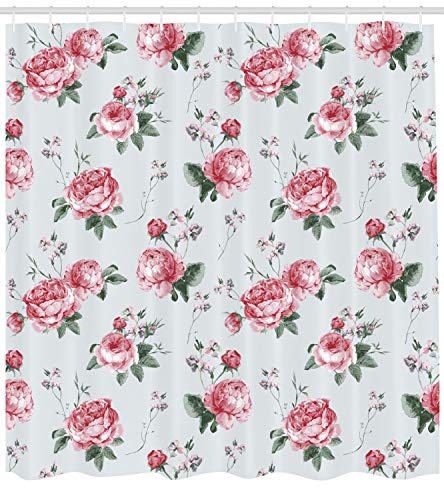 ABAKUHAUS Rosa Cortina de Baño, Flor Rosado de la Flora Inglés, Material Resistente al Agua Durable Estampa Digital, 175 x 200 cm, Rosa Verde Reseda