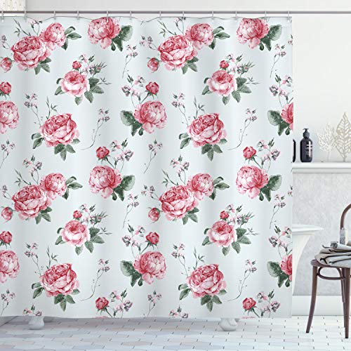 ABAKUHAUS Rosa Cortina de Baño, Flor Rosado de la Flora Inglés, Material Resistente al Agua Durable Estampa Digital, 175 x 200 cm, Rosa Verde Reseda