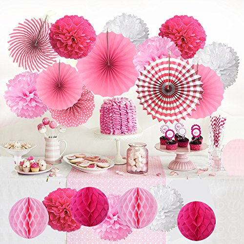 Abanicos de Papel Bola de Nido Pom Poms Ventilador de Papel para Colgar Decoración para Cumpleaños Boda Carnaval Bebé Ducha Home Party Supplies Decoración - Rosa