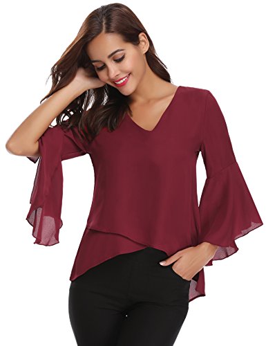 Abollria Camisa para Mujer 3/4 Mangas Elegante Blusa de Gasa Ligera Camisetas de Chiffon Cuello V Top Mangas Acampanadas Primavera Verano Otoño, Vino Rojo, S