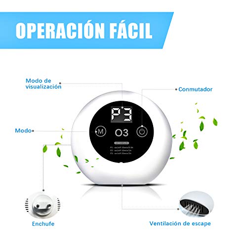 ACADGQ Purificador de Aire Portátil,Ultrasilencioso Generador de Ozono,Ionizadores de Aire con LED Display,Antibacteriano 99% Desodorizando, hasta 50m³ para el hogar Oficina Mascotas Cocina -Blanco