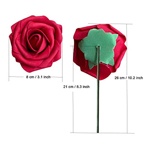 ACDE 25 Piezas Rosas Artificiales, Flores Artificiales Rosa Espuma con Hoja y Vástago Ajustable para Bricolaje Ramos de Boda Decoraciones para el Hogar Nupciales (Rojo Oscuro)