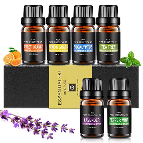 Aceites Esenciales, Aiemok Aromaterapia Essential Oils Set 100% Puro y Naturales, 6 Set de Regalo de Aceites de Aromaterapia de Lavanda, Arból de Té, Menta, Naranja Dulce, Limoncillo, Eucalipto