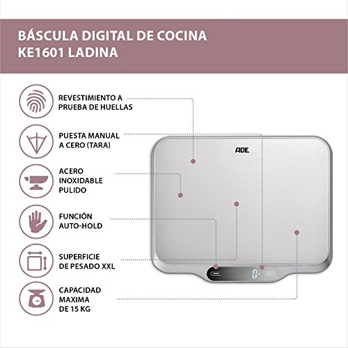 ADE Báscula digital de cocina KE1601 Ladina. Superficie XXL acero inoxidable.15 kg. Tara Auto-Hold. Incluye Baterias. Color plata