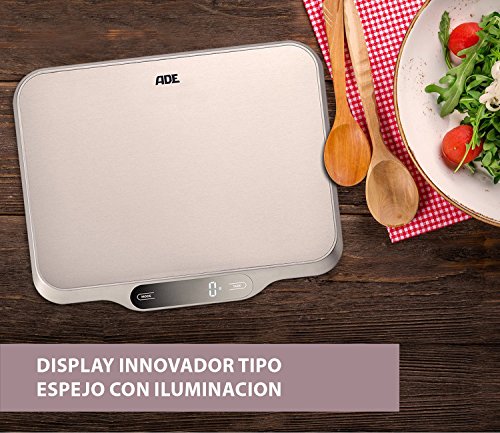 ADE Báscula digital de cocina KE1601 Ladina. Superficie XXL acero inoxidable.15 kg. Tara Auto-Hold. Incluye Baterias. Color plata