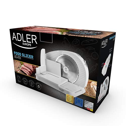 Adler AD-4701 Fiambres Eléctrico, Regulador de Corte, 200W, Acero Inoxidable, 200 W, Plástico, Blanco