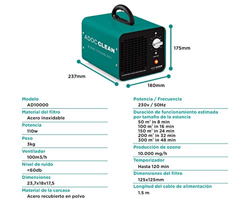 adoc clean ADOC GOZ10 Generador de Ozono para Purificar Aire 10.000 MG/h. Eliminación de Olores, bacterias, ácaros, Virus, etc, 110 W, 220 V, VERDE, Portátil 23,7 x 18 x 17,5 3 kg