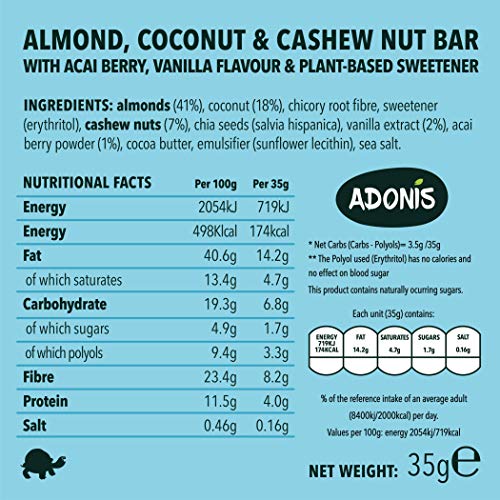 Adonis Low Sugar Nut Bar - Barritas de Coco Crujiente Sabor a Vainillia | 100% Natural, Baja en Carbohidratos, Sin Gluten, Vegano, Paleo, Keto (5)