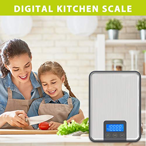 ADORIC 15kg/33lbs,Báscula de Cocina 15kg con Pantalla LCD para Cocina de Acero Inoxidable, Balanza de Alimentos Multifuncional,Color Plata(2 Baterías Incluidas)