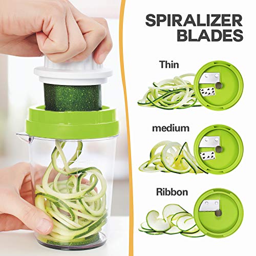 ADORIC Cortador de Verdura 5 en 1 Rallador de Verduras Calabacin Pasta Espiralizador Vegetal Veggetti Slicer Pepino, Espaguetis de Calabacin, Cortador Espiral Manual (Verde)