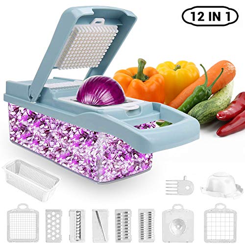 ADOV Mandolina Profesional, 12 en 1 Cortador Verduras Multifuncional, 7 Reemplazable Cuchillas Acero Inoxidable Alimentos Slicer, Mandolina de Cocina para Cortar Fruta Vegetales Patata Cebolla – Azul