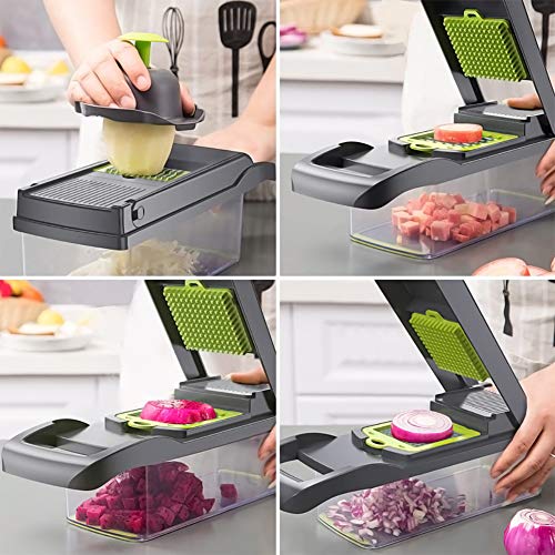 ADOV Mandolina Profesional, 12 en 1 Cortador Verduras Multifuncional, 7 Reemplazable Cuchillas Acero Inoxidable Alimentos Slicer, Mandolina de Cocina para Cortar Fruta Vegetales Patata Cebolla – Gris