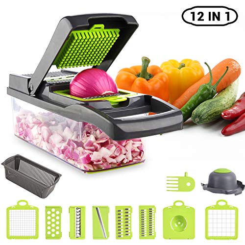 ADOV Mandolina Profesional, 12 en 1 Cortador Verduras Multifuncional, 7 Reemplazable Cuchillas Acero Inoxidable Alimentos Slicer, Mandolina de Cocina para Cortar Fruta Vegetales Patata Cebolla – Gris