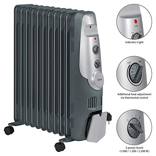 AEG RA 5522 - Radiador de aceite, 2200 W, 11 elementos, termostato, 3 niveles de potencia, regulador de potencia para un bajo consumo