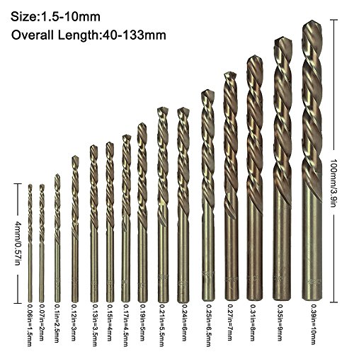 AFUNTA - Juego de 15 brocas de taladro HSS con extremo recto para fresas de acero inoxidable duro (titanio de aluminio)