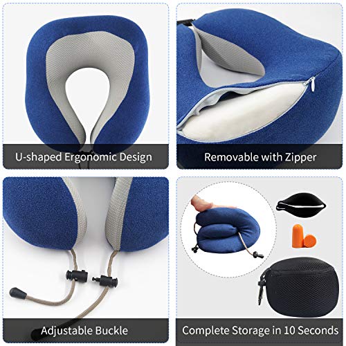 AGAKY Almohada de Viaje Almohada Cuello Espuma Memoria Sueño Suave-Tela Terapia magnética - Funda Terciopelo extraíble y Lavable- Máscara Dormir, 2 Tapones para los oídos y Bolsa de Viaje (Azul)