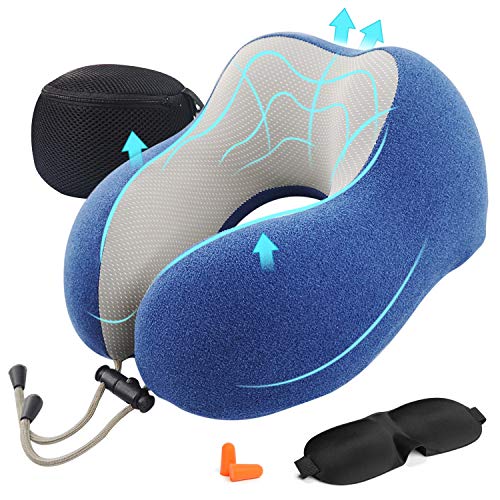 AGAKY Almohada de Viaje Almohada Cuello Espuma Memoria Sueño Suave-Tela Terapia magnética - Funda Terciopelo extraíble y Lavable- Máscara Dormir, 2 Tapones para los oídos y Bolsa de Viaje (Azul)