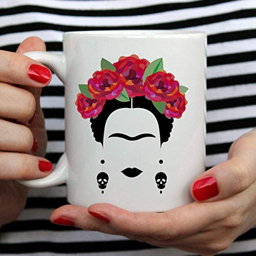 Ahaltao Frida Kahlo y Flor Taza de Arte Mexicano Blanco Cerámica 11oz Té Taza de Café Regalo