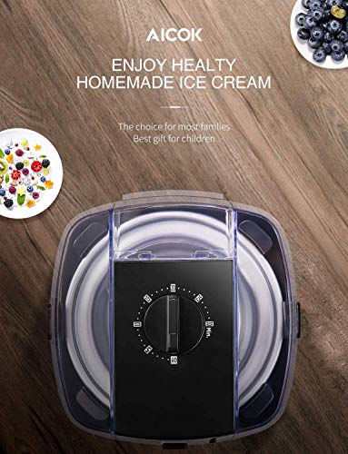 Aicok 1.5 Litro Maquina de Helados con Temporizador para Hacer Helado，Sorbete y Yogur Congela en 15-30 Minutos，Máquina de Bajo Consumo 250W, Sin BPA, Recetas Incluido, Negro