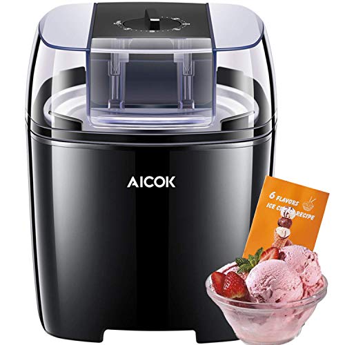 Aicok 1.5 Litro Maquina de Helados con Temporizador para Hacer Helado，Sorbete y Yogur Congela en 15-30 Minutos，Máquina de Bajo Consumo 250W, Sin BPA, Recetas Incluido, Negro