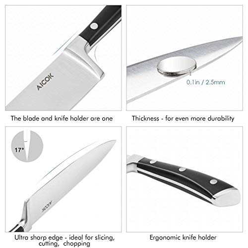 AICOK Juego de bloques de Cuchillo cocinero profesional | 6 piezas | Extra fuerte | acero inoxidable | mangos ergonómicos | Acero inoxidable de alto carbono