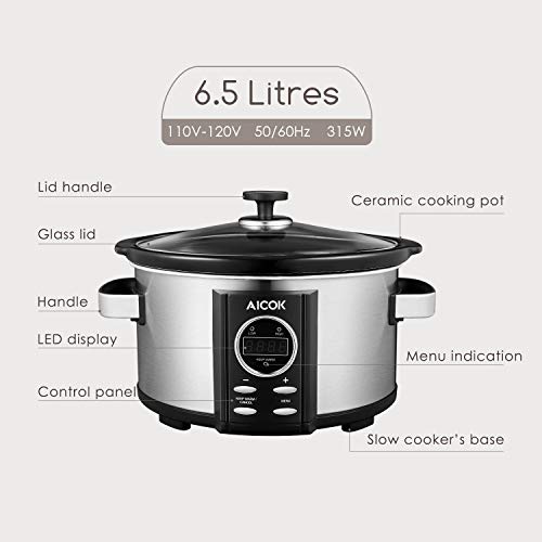 AICOK Olla de Cocción Lenta, 6.5l Slow Cooker Temporizador Digital y 3 Configuraciones de Temperatura, Olla Coccion Lenta Tapa de Vdrio y Olla de Cerámica, Plata, 315W (6.5 litros)