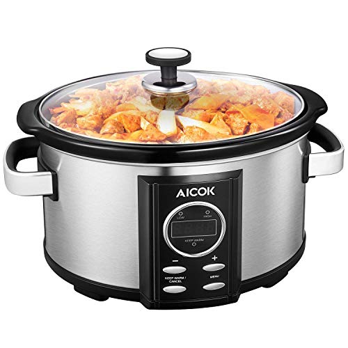 AICOK Olla de Cocción Lenta, 6.5l Slow Cooker Temporizador Digital y 3 Configuraciones de Temperatura, Olla Coccion Lenta Tapa de Vdrio y Olla de Cerámica, Plata, 315W (6.5 litros)