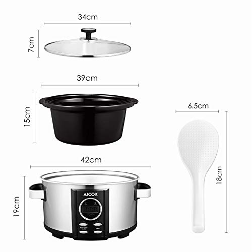 AICOK Olla de Cocción Lenta, 6.5l Slow Cooker Temporizador Digital y 3 Configuraciones de Temperatura, Olla Coccion Lenta Tapa de Vdrio y Olla de Cerámica, Plata, 315W (6.5 litros)