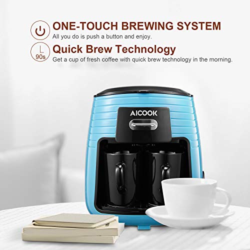 Aicook Cafetera de Goteo, Mini Cafetera Portátil con Diseño Compacto, Cafetera de Filtro con Tecnologia de Preparación Rápida, Equipado con 2 Tazas de Cerámica, Azul