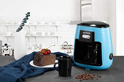 Aicook Cafetera de Goteo, Mini Cafetera Portátil con Diseño Compacto, Cafetera de Filtro con Tecnologia de Preparación Rápida, Equipado con 2 Tazas de Cerámica, Azul