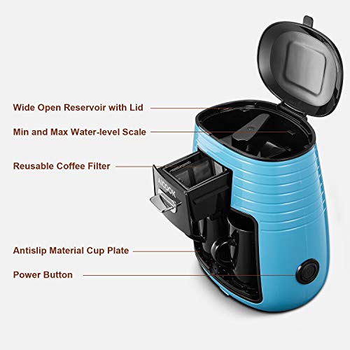 Aicook Cafetera de Goteo, Mini Cafetera Portátil con Diseño Compacto, Cafetera de Filtro con Tecnologia de Preparación Rápida, Equipado con 2 Tazas de Cerámica, Azul