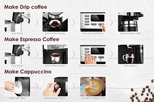 Aicook Cafetera Expresso, 3 en 1 Cafetera de 15 Bares con 700ml Taza de Viaje de Acero Inoxidable, Pantalla LCD, Cafetera para Espresso y Cappuccino, epósito de Agua de1,2 l, Negro