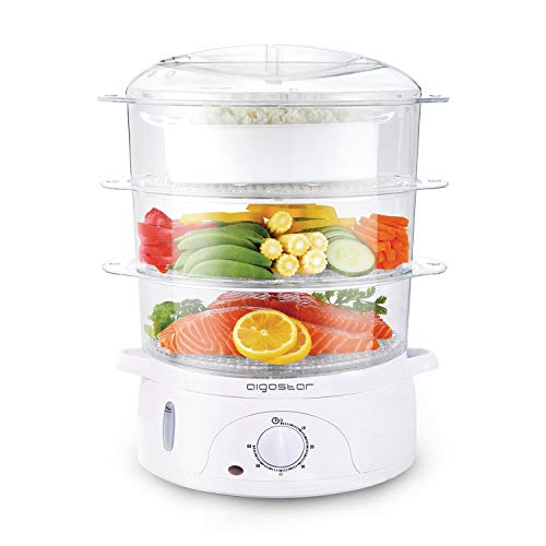 Aigostar Fitfoodie 30CFO - Vaporera Eléctrica 800 W, Libre de BPA, Temporizador hasta 60 Minutos. 3 Recipientes Apilables (Capacidad Total 9l), Cuenco para Preparar arroz. Diseño Exclusivo.