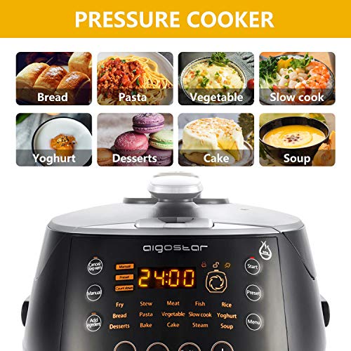 Aigostar Happy Chef 30IWY – Robot de cocina multifunción, cocina a presión: 7 aparatos en uno, 15 funciones, panel led, 900W, 5L, temporizador. Incluye libro de recetas. Libre de BPA. Diseño exclusivo