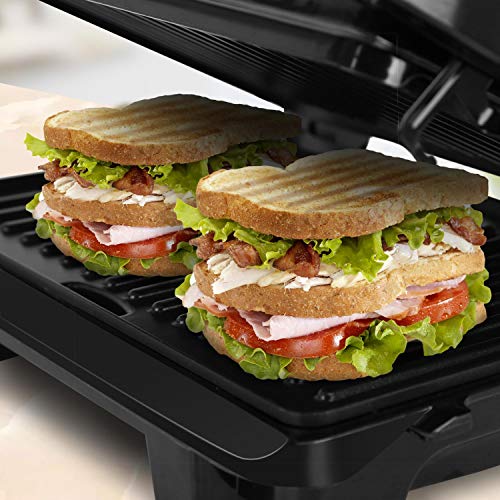 Aigostar Hett 30HHJ - Parrilla, grill, 1000 W, sandwichera y máquina de panini, asa de toque frío, placas antiadherentes. Libre de BPA, color plata y negro. Diseño exclusivo.