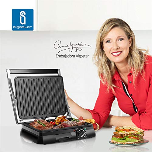 Aigostar Samson 30KLU – Grill, parrilla, panini, 2000W, sandwichera con tapa flotante. placas antiadherentes grandes 29,5 x 23,5 cm, apertura 180 °, control temperatura, libre de BPA. Diseño exclusivo